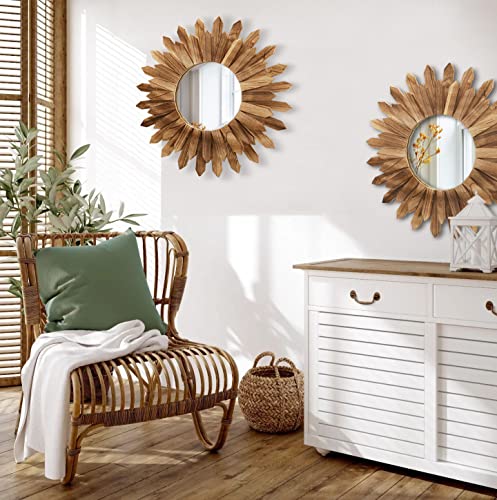 2 Pack 22 Inch Boho Wall Sunburst Mirror Rustic Round Wood Decorative Mirror Boho Wall Art Decor for Entryway Bedroom Living Room (2 Count)