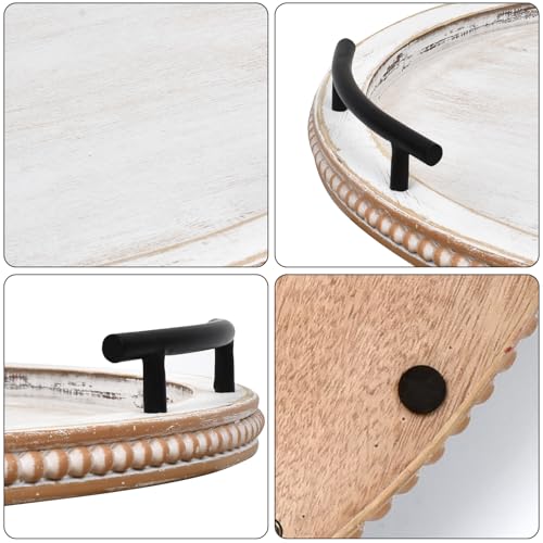 18Inch White Wooden Beaded Serving Tray with Handle Decorative Rustic Whitewashed Tray for Coffee Table Farmhouse Round Tray for Kitchen