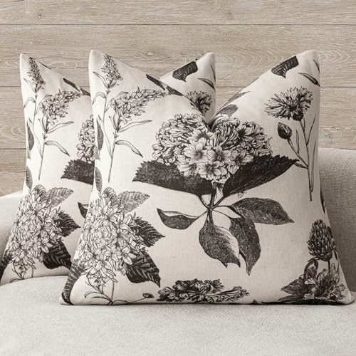 Set of 2 Linen Floral Vintage Throw Pillow Covers Neutral Accent Print Decorative Cushion Covers Farmhouse Boho Home Decor for Sofa Chair Couch Bedroom Living Room