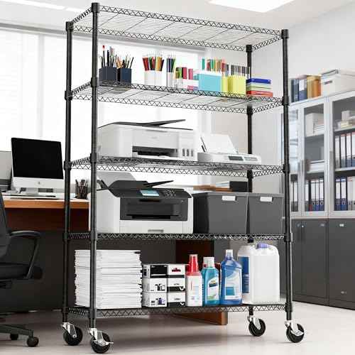 1750LBS 47.2" W 5 Tiers Storage Shelves Metal Shelving Unit with Wheels Heavy Duty Garage Shelving Adjustable Wire Shelves for Pantry