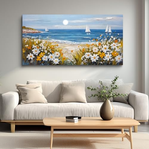 Large Vintage Landscape Painting Home Decor Blue Ocean Beach Painting Living Room Decorative Wall Art Modern Print Canvas White Flowers Farmhouse Office Bedroom Wall Decor 30 X 60 Inches