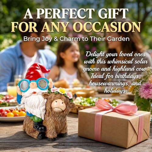 Solar Garden Gnome Statue Sitting Highland Cow Figurine Flower Wreath