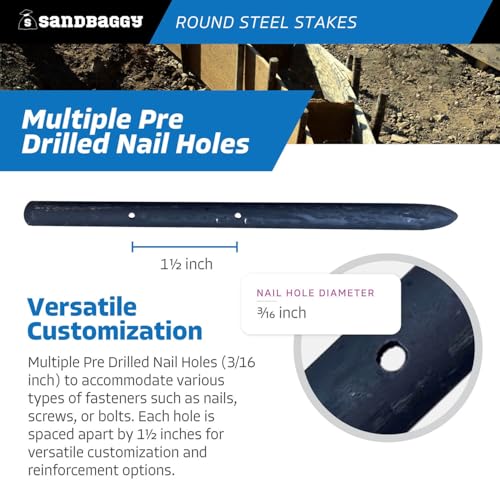 12 Inch Round Steel Concrete Form Stakes with Nail Holes (10 Count)