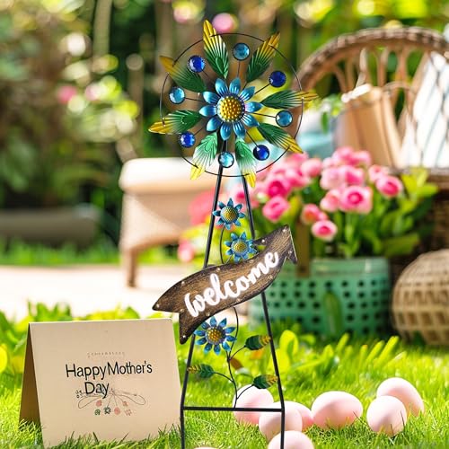 Solar Metal Hummingbird Wind Spinner Garden Stake 26"