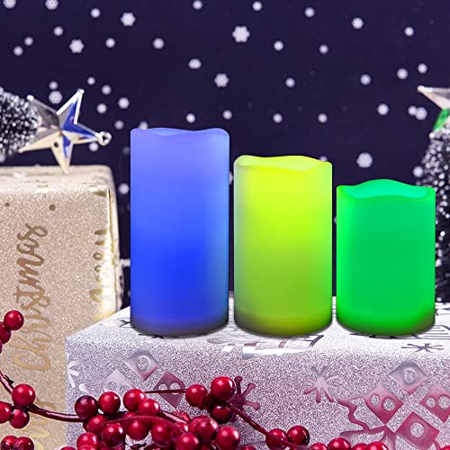 Waterproof Outdoor Color Changing Flameless Candles Remote Timer Realistic Flickering Battery Operated Fake Electric LED White Plastic Pillars for Wedding Christmas Decoration 3 Pack