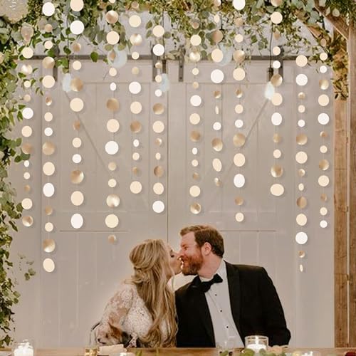 Champagne Gold Party Decorations Circle Dots Garland Gold Neutral Nude Neutral Cream Beige Boho Hanging Polka Dot Streamer for Bridal Shower Birthday Wedding Engagement Party Supplies