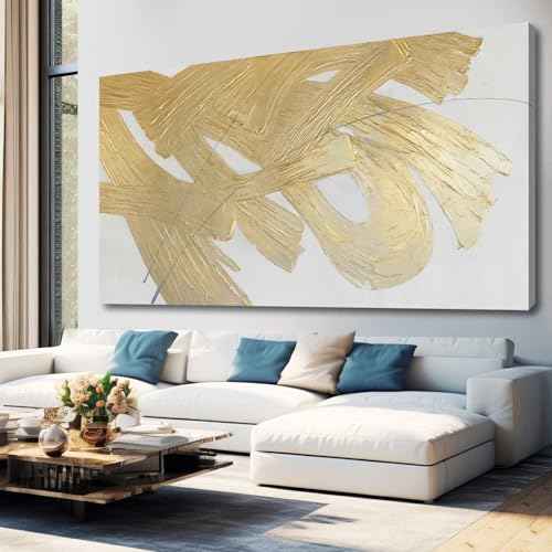 Wall Decorations for Living Room Gold and White Abstract Canvas Art Oil Painting Large Minimalist Decor Wall Art for Office Bedroom Home 29"x 58"