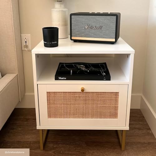 Mina Side End or Accent Table in a Matte White Finish & Brass Gold Legs with Natural Rattan Storage Door for Living Room or Nightstand for Bedroom