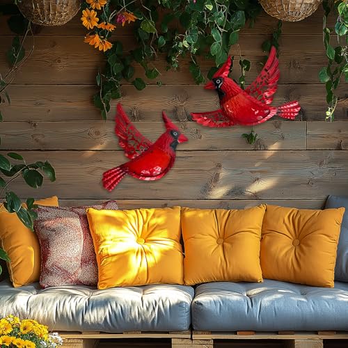 Metal Cardinal Wall Art 12inch Metal Birds Wall Sculpture Garden Decoration Outdoor Statue Patio Fence Hanging Plaques 2 Pack (2 Count)