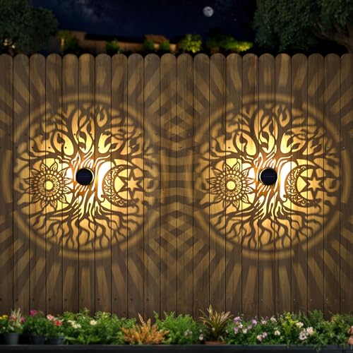 4 Pack Large Solar Fence Lights Metal Solar Powered Outdoor Wall Deck Step Lights Tree Theme Waterproof Fence Light for Garden Post Patio Backyard Yard Decor (4 Count)