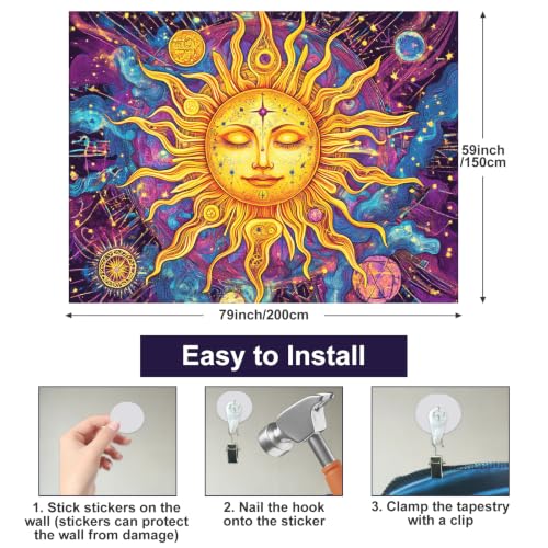 Blacklight Sun Tapestry 78 x 59 Inch Bohemian Dorm Decor