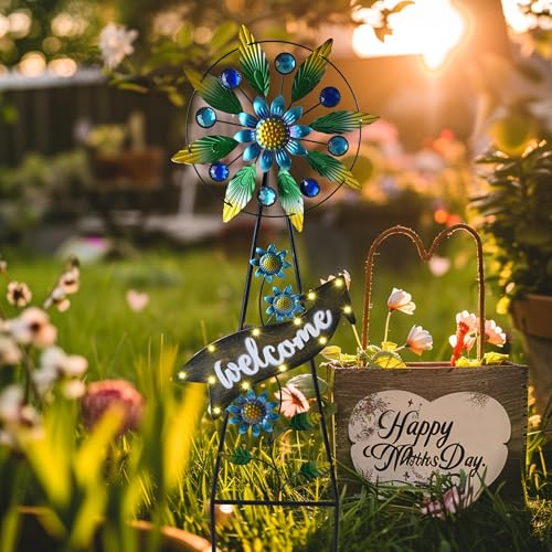 Solar Metal Hummingbird Wind Spinner Garden Stake 26"