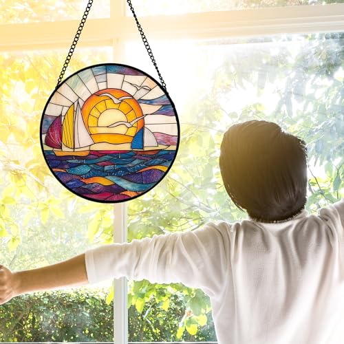 Sunset Sailboat Stained Glass Window Hanging Suncatcher Gifts Decor 7.8"