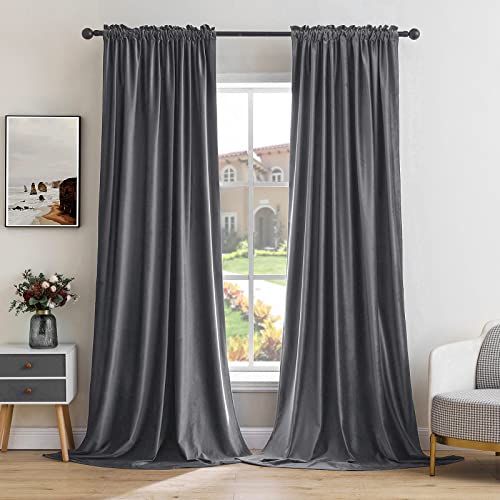 Grey Blackout Velvet Curtains Drapes 90 Inch Long 52"x90" Bedroom (2 Count)