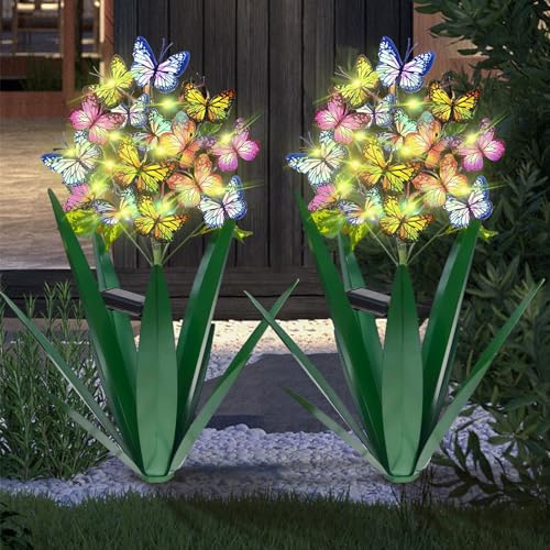 Solar Metal Agave Butterfly Flower Stick Garden Sculpture (2 Count)