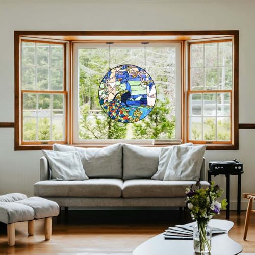 W10094 Blue Peacock Tiffany Style Stained Glass Round Window Panel