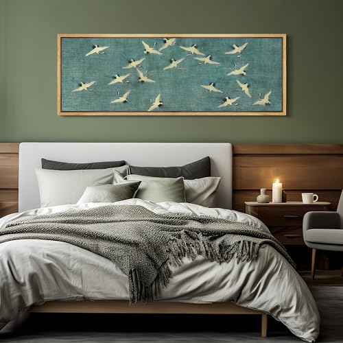 Large Framed Canvas Print Wall Art Serene Skies White Birds in Flight on Teal Antique Retro Fine Art Illustrations Decorative Colorful for Bedroom