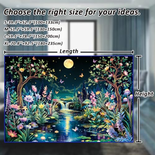 Blacklight Fantasy Forest Tree Tapestry UV Reactive Floral Plant Tapestries Trippy Moon Butterfly Wall Art Decor Nature Landscape Wall Hanging for Bedroom