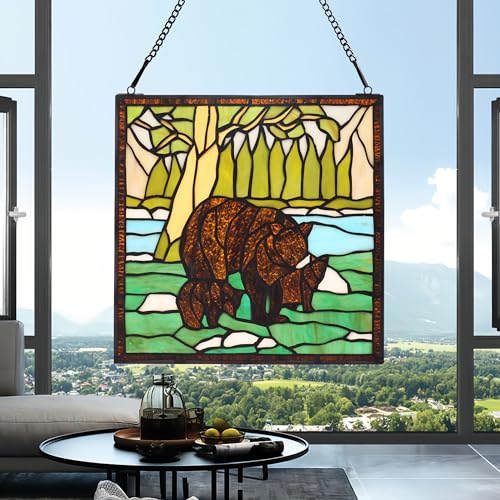 Stained Glass Window Hanging 12" Square Tiffany Animal Style Brown Bears Suncatcher Wall Decor Art Panel Includes 20" Chain and Hooks The Perfect Housewarming Gift
