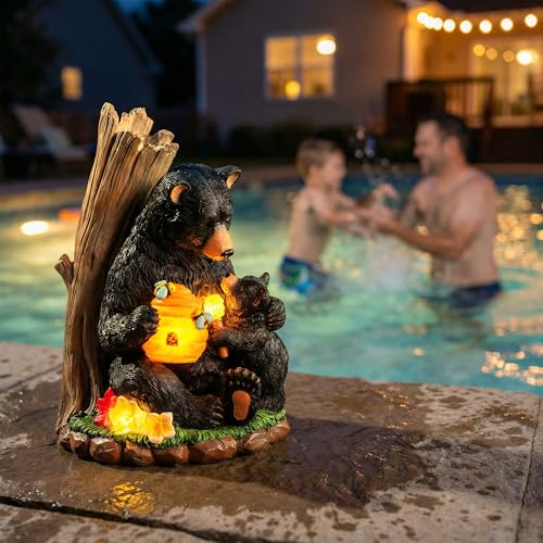 Solar Bear Garden Statue with Glowing Beehive & Cub