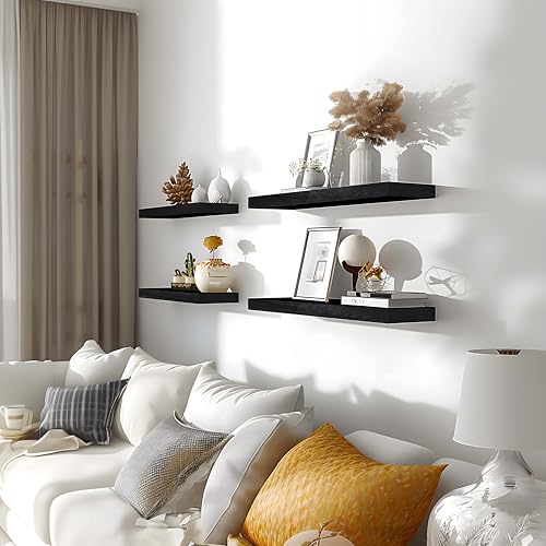 Black Wood Floating Shelves for Wall Rustic Wall Shelves for Bedroom Set of 6 (6 Count)