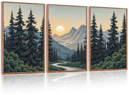 Boho Mountain Sun Forest Framed Canvas Wall Art
