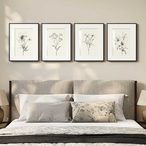Framed Retro Black and White Floral Wall Art for Bedroom