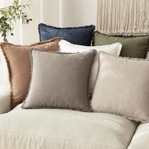 Decorative Linen Fringe Throw Pillow Covers 24×24 Inch (2 Count)