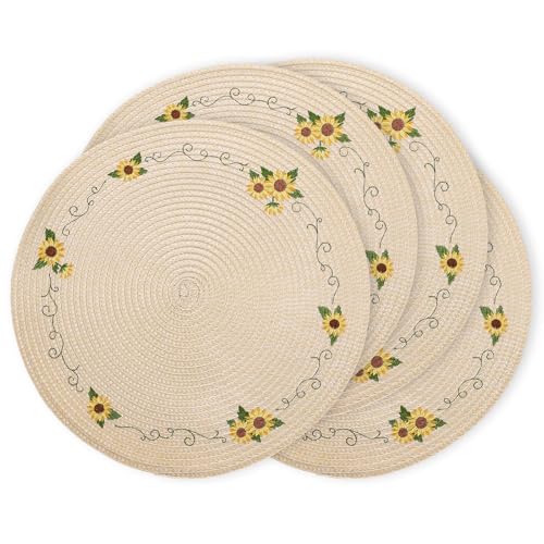 4Pcs Sunflower Embroidered Placemats Spring Summer Floral Round Place Mats Dinner Table Mats for Home Holiday Birthday Baby Shower Party Decor (4 Count)