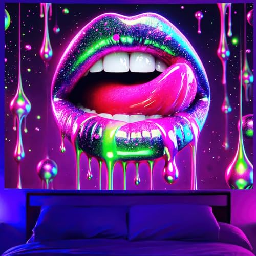 Blacklight Tapestry Lips Glitter Neon Decor 71 x 74 Inch