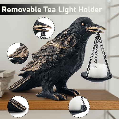 Gothic Crow Lamp with Tealight Candle Holder Resin Raven Decor Statue Gothic Home Decor for Bedroom Unique Goth Gifts Wearing Gold