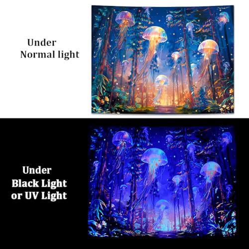 Blacklight Forest Jellyfish Tapestry UV Reactive Nature Tree Tapestry Trippy Fantasy Starry Sky Tapestries Aesthetic Jungle Plants Tapestries Wall Hanging for Bedroom