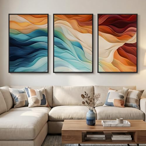 Large Framed Blue Orange Abstract Wall Art for Living Room (3 Count)