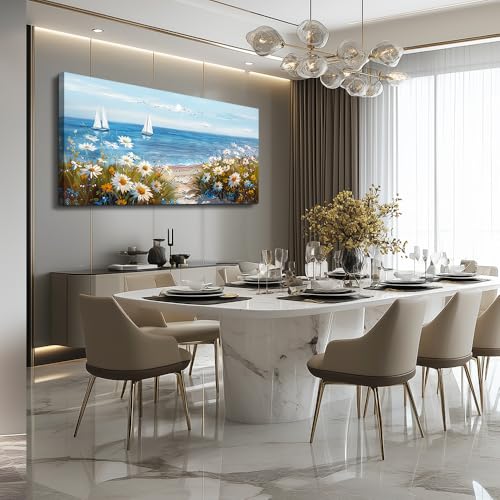Home Decor Printing Canvas Picture Blue Ocean Landscape Painting Wall Art For Living Room Farmhouse Dinin Mural White Flowers Bedroom Office Wall Decoration Artwork Easy To Hang 20x40 In