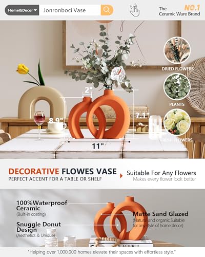 Set of 2 Orange Ceramic Vases for Home Decor Accents