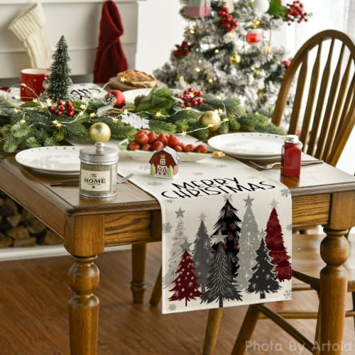 Grey Red Xmas Trees Table Runner Home Party Decor 13x72 Inch