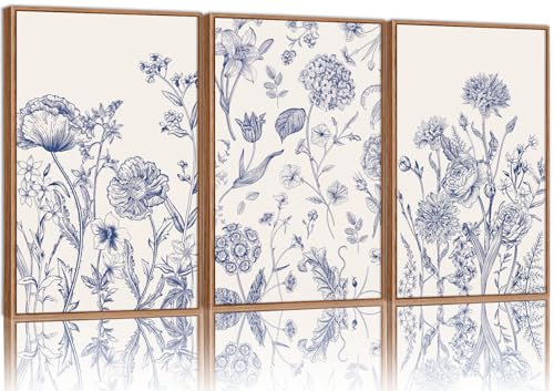 Large Classic Chinoiserie Flower Framed Canvas Wall Art Set (3 Count)