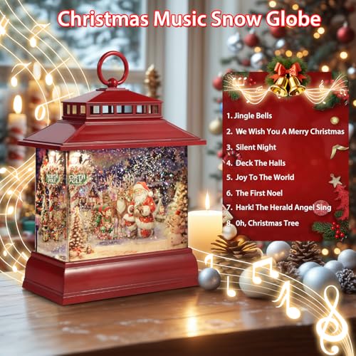Christmas Snow Globe Lantern Water Glittering Lantern with 8 Songs & 6H Timer Romote Control Christmas Snow Globes USB & Battery Operated for Christmas Festival Decorations Gifts