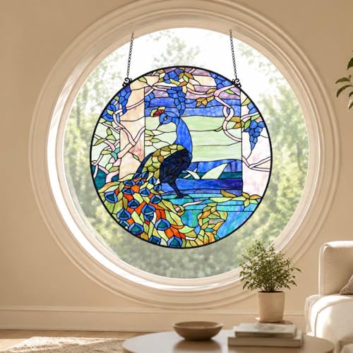 W10094 Blue Peacock Tiffany Style Stained Glass Round Window Panel