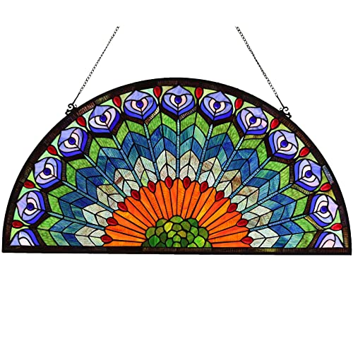 W10034 Blue Peacock Feather Tiffany Style Stained Glass Window Panel