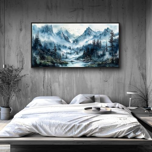 Black Framed Canvas Wall Art For Living Room Large Wall Decor For Office Mountain Wall Painting Fog Forest Landscape Picture Ready To Hang Bedroom Home Decorations Prints Poster 24x48 In