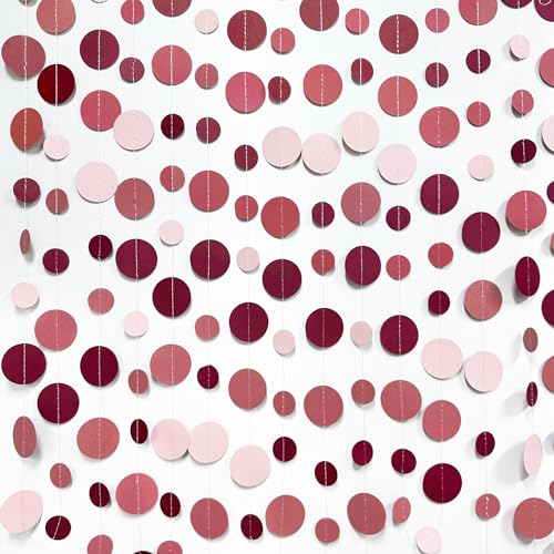 Burgundy Dusty Pink Decorations Circle Dot Garland Maroon Pink Hanging Polka Dot Streamer Banner for Wedding Birthday Bridal Shower Engagement Graduation Anniversary Garnet Party Supplies