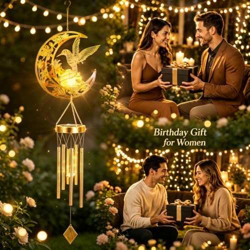 Solar Wind Chimes for Outside Hummingbird Gifts for Women Mom Grandma Sister Crackle Glass Ball Wind Chimes Solar Lights Outdoor Decor for Garden Backyard Patio Yard Porch