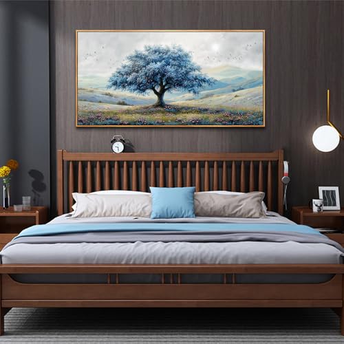 Large Wood Framed Wall Decor For Living Room Canvas Wall Art For Office Modern Wall Decorations For Bedroom Blue Tree Landscape Painting Farmhouse Pictures Artwork Home Decor 24x48 In