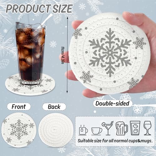 Winter Snowflake Handmade Braided Cotton Coasters Christmas Grey Snowflake Drink Coasters Absorbent Cup Coasters for Xmas Party Home Office Decor (4 Count)