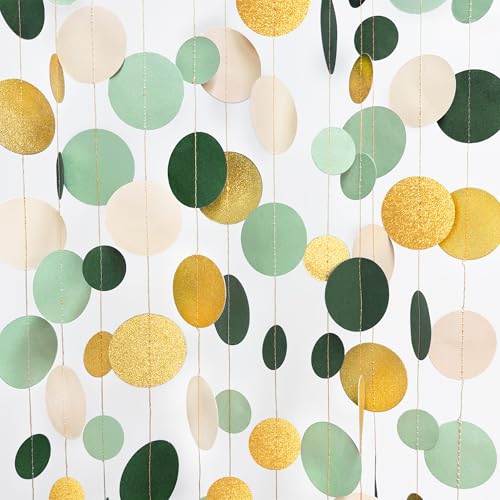Sage Green Gold Beige Party Polka Dot Garlands Oilve Green Glitter Gold Hanging Paper Circle Dots Streamer for Birthday Wedding Shower Engagement Retirement Boho Safari Party Decorations Supplies