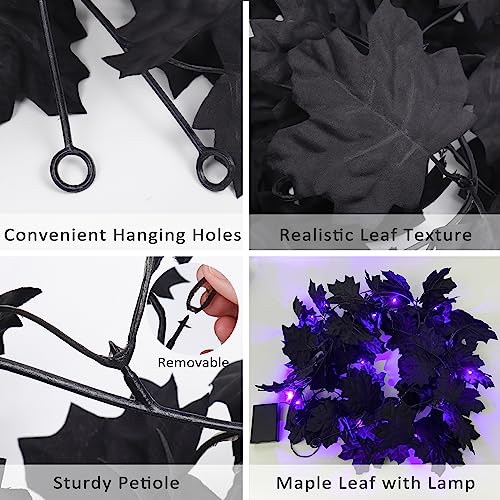 Black Halloween Maple Leaf Garland with Purple Light (2 Count)