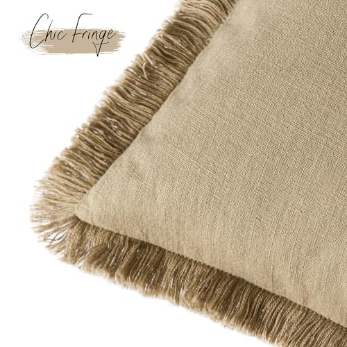 Decorative Linen Fringe Throw Pillow Covers 26×26 Light Khaki (2 Count)