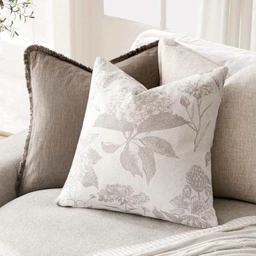 Set of 2 Linen Floral Vintage Throw Pillow Covers Neutral Accent Print Decorative Cushion Covers Farmhouse Home Decor for Sofa Chair Couch Bedroom Living Room (2 Count)