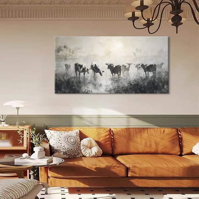 Black and White Cow Wall Art for Living Room Ink Wash Canvas Painting Prints Morning Cattle Vintage Country Farmhouse Artwork Bedroom Office Decor